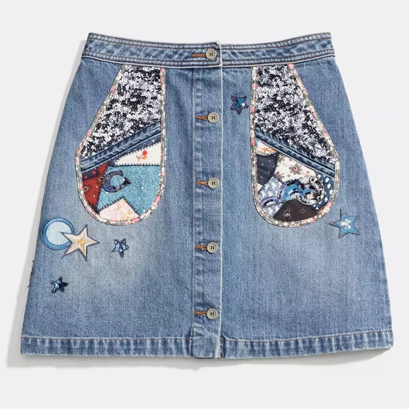 Coach Dresses & Skirts - Coach NWOT 100% Cotton Denim Patchwork Button Up Sequin Embroidery Skirt- Size 4